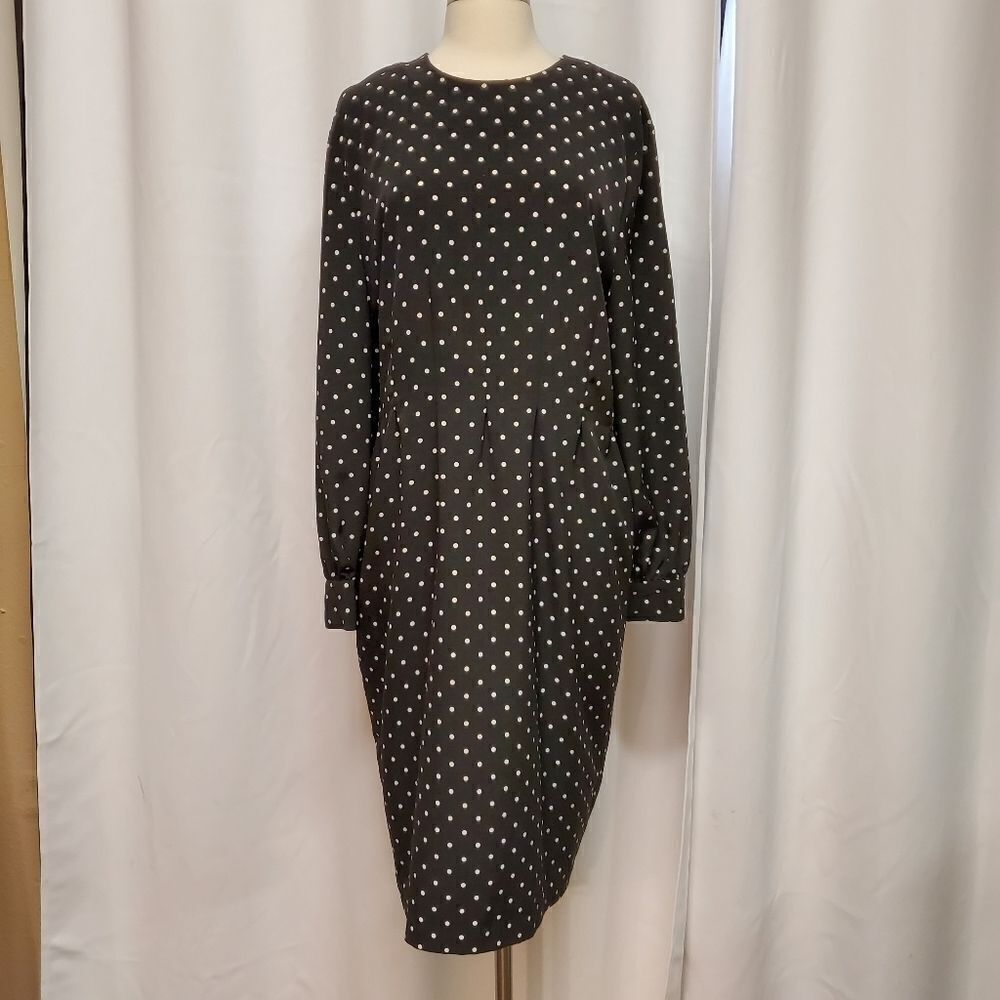 Vintage 80s Ms Chaus Black White Polkadot Long Sleeve‎ Midi Dress Pin Up Girl LG